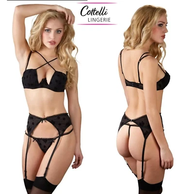Cottelli Lingerie Sexy Set Intimo Nero Ricamato con Reggicalze Tanga e Reggiseno - Bild 1 von 4