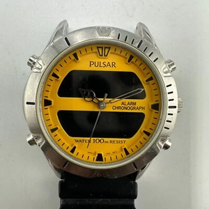 Pulsar Watch Men Silver Tone Digital Chronograph Yellow Black 40MM NX02-X004 - Picture 1 of 11