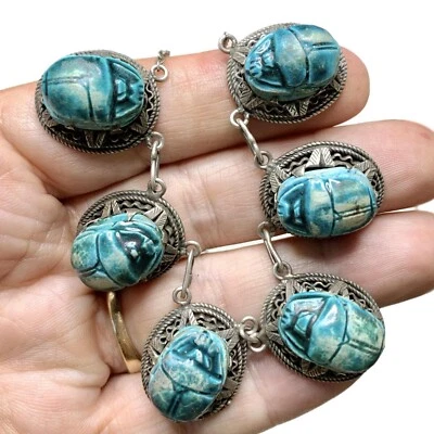 "Collar de escarabajo Art Deco LUX, plata de ley + loza, egipcio, 17""" Foto 1 de 4