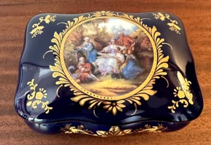 Limoges Hecho en China Azul Cobalto y Dorado Familiar Baratija Cómoda Caja 7"x5"x3.5" - Imagen 1 de 13
