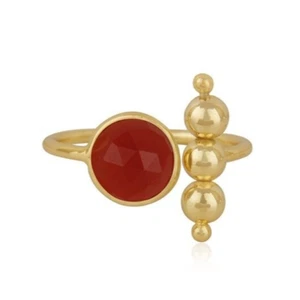 Gold Plated Ball Bead Rings Adjustable Handmade Red Onyx Gemstone Brass Rings - Picture 1 of 3