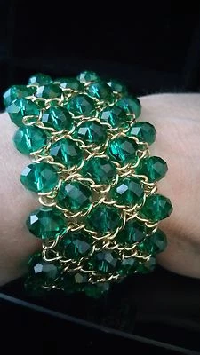 Armband Schlupf Grünes Glas Flex Messing Gelb vergoldet Glassteine ca. 19 cm - Bild 1 von 2