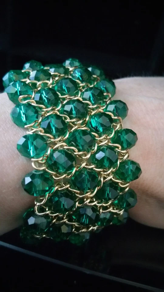 Armband Schlupf Grünes Glas Flex Messing Gelb vergoldet Glassteine ca. 19 cm - Bild 1 von 2