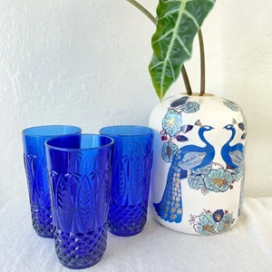 AVON ROYAL SAPPHIRE Cobalt Blue 14oz. Tumblers Glasses France Vintage Set Of 3 - Picture 1 of 16