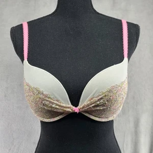 Victorias Secret Womens Bra Ivory Pink Floral Lace Underwired Push Up Size 34D - Picture 1 of 13