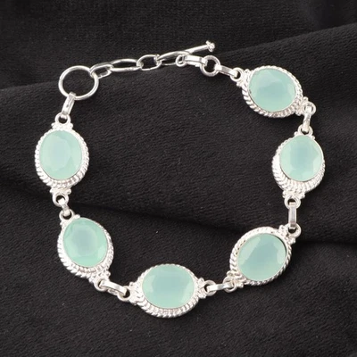 Pulsera de joyería de plata de ley 925 hecha a mano con piedras preciosas de calcedonia aguamarina regalo para Foto 1 de 3