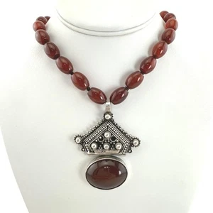Vintage Egyptian Silver Carnelian Pendant Necklace W/ Carnelian Beads Artisan - Picture 1 of 9