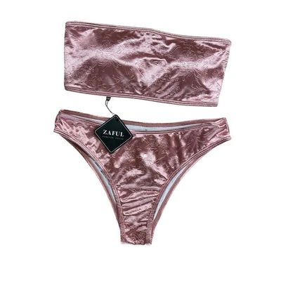 NUEVO Bikini Bandeau Sin Tirantes Oro Rosa Rosa Textura Floral Traje de Baño S Foto 1 de 4