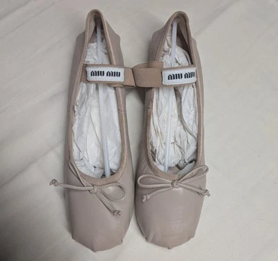 Miu Miu Leather Ballet Flats with Logo Strap Beige - Image 1 of 4