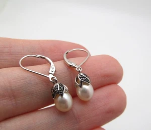 Aspire 925 Sterling Silver Iridescent White Pearl Diamond Acorn Dangle Earrings - Picture 1 of 4