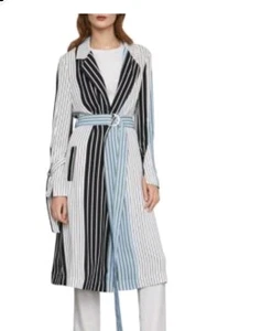 BCBGMAXAZRIA Blue Striped Long Belted Dress Trench Coat Jacket Sz S - Picture 1 of 15