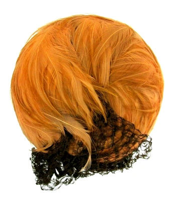 Vintage Ladies Pillbox Feather Hat with Snood Orange Feathers Halloween Costume - Image 1 of 4