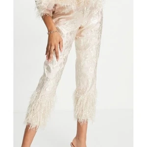 ASOS Edition Metallic Jacquard Pants Women's 6 Blush Fringe Hem EUC Pink Silver - Picture 1 of 11