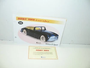 1 Card + Cert. Dinky Toys Atlas Repro Ref 24 S, Simca 8 Sport - Picture 1 of 1