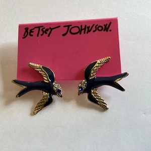 Betsey Johnson EARRINGS Bird STUD 1” Navy Blue SWALLOW Gold CRYSTALS Rare! NEW - Picture 1 of 6