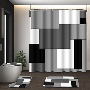Grey Geometric Shower Curtain Set with Toilet Lid Cover and Non-Slip Rugs for Ba - Picture 1 of 8