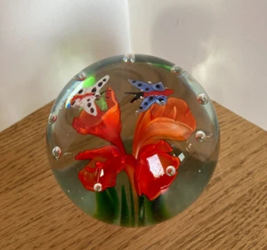 Hand Blown Art Glass Paperweight Butterflies Orange Trumpet Flower Bubbles - Picture 1 of 24