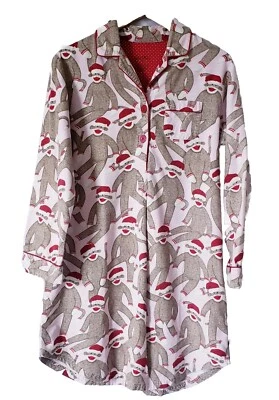 Nick & Nora Sock Monkeys Pink Nightgown Sleep Shirt Medium Santa Hat Flannel - Imagem 1 de 4