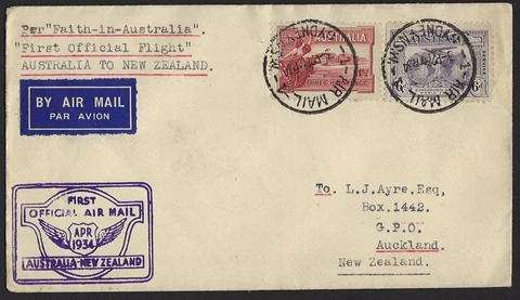 AUSTRALIA 1934 PER FAITH IN AUSTRALIA FIRST FLIGHT AUSTRALIA NEW ZEALAND OFFICIA Cover