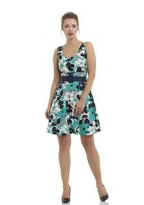Voodoo Vixen NWT Super Cute Blue Floral 60's Style Rockabilly Belted Dress L - Picture 1 of 4