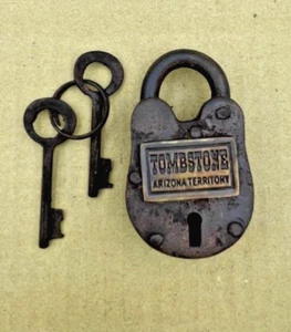 Small Padlock Antique Rustic Finish Steel Lock w/ 2 Keys Tombstone AZ Territory - Picture 1 of 8