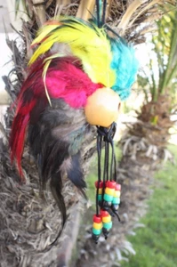Hawaiian Warrior Helmet 1" Kamani Nut Ikaika Car Decor ~ Rasta Feathers Colored - Picture 1 of 8