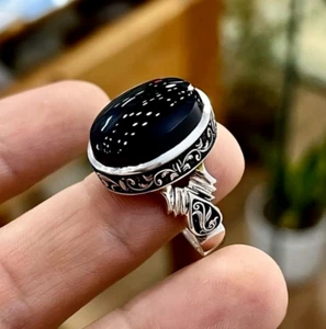 Anello Uomo Originale Yemenita Nero Aqeeq Akik Haqeeq Pietra Argento Sterling Fatto a Mano - Foto 1 di 4