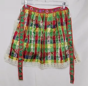 Vtg Kitchen Half Apron Floral Lace Plaid Red Green Blue Yellow Tie Back - Picture 1 of 4
