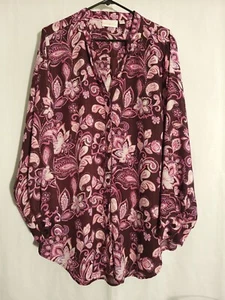 Bellle Kim Gravel-Burgundy Pink Paisley Semi-Sheer Lined Long Sleeve Top-2X - Picture 1 of 6