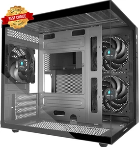 MATX PC Case,270° Panoramic Tempered Glass Panel Gaming PC Case,3 Fans Pre-Insta - Afbeelding 1 van 7