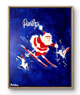 Arte Original Santa Ski 14x11 Colorido Arte Moderno Navidad Pintura sobre Lienzo Foto 1 de 4