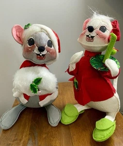 Annalee Big PAIR Mobilitee Mouse Christmas Cap Nightshirt Candle Muff 1971 ~11” - Picture 1 of 15