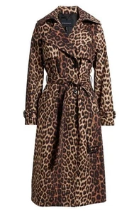 BCBGMAXAZRIA Trench Coat Womens XS Brown Leopard Print Pockets Waist Belted $179 - Picture 1 of 10