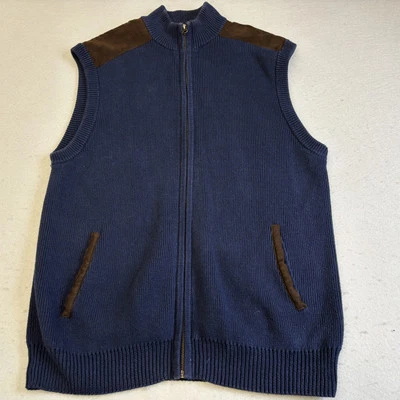 Vtg Chaps Sweater Vest Mens Large Cable Knit Blue Full Zip 78 Leather Shoulder - Image 1 of 4