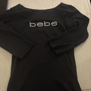 BEBE Bedazzled Off The Shoulder Elbow Length Sleeve Size Large Black Top Y2K USA - Picture 1 of 5