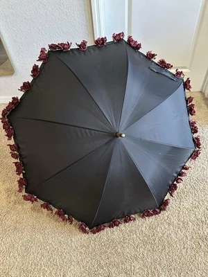 Black Umbrella with Burgundy Roses & Wooden Handle – Vintage Romantic Style - Image 1 of 4