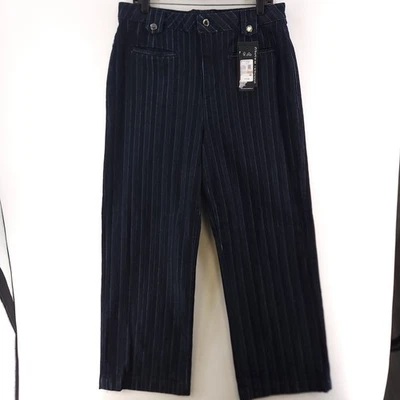 Karl Lagerfeld Paris Striped Denim Belted Wide Leg Deep Blue Pants Womens 12 - Image 1 of 4