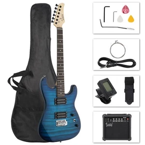 Electric Guitar Kit with H-H Pickup Tiger Stripe Design 20W Amp Bag Strap Blue - Picture 1 of 12