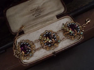 Vintage Bracelet Amethyst & Peridot Crystal & Haskell Gold leaves, Adjustable - Picture 1 of 7