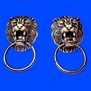 BRONZE LION DOOR KNOCKER EARRINGS classic cat head face ring stud steampunk V2 - Picture 1 of 4