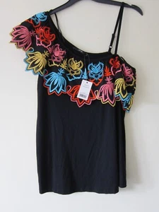 ASDA SIZE 8 TOP BLOUSE ONE SHOULDER OFF RAINBOW FLORAL EMBROIDERED TUNIC BOHO - Picture 1 of 10