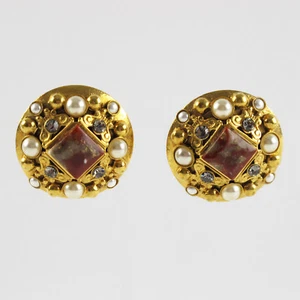 Boucles d'oreilles clips vintage en métal doré signé Henry Perichon créateur français - Photo 1/6