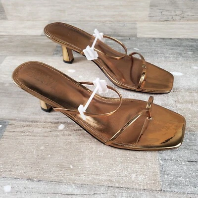 FARYL by Farylrobin Aria Sandals Womens Sz 8 Gold Open Toe Slip On Tapered Heel - Image 1 of 4