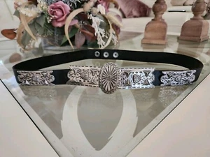Women's buckle Belt black Leather cowboy WESTERN Solid Brass Buckle Size XS/S - Picture 1 of 9