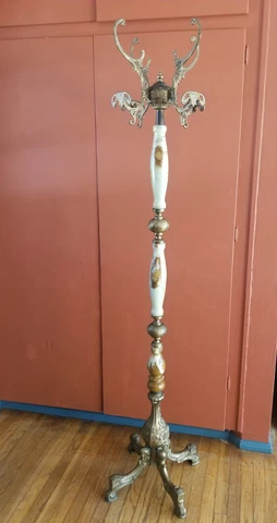 Vintage Ornate Brass Italian Natural Stone Onyx Coat Rack Cover