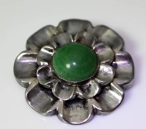 Broche Vintage México Plata Esterlina Verde Ónix Cabujón Flor - 7603 - Imagen 1 de 7
