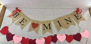 Valentines Day Burlap Banner Be Mine Hanging Banner Multicolor Hearts Banner - Picture 1 of 9