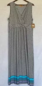 NWT Size XL ELLEN TRACY Black White Blue Long Maxi IBIZA Dress Surplice Stretch - Picture 1 of 5