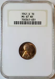 1941-D 1C Lincoln Wheat Penny Cent NGC MS67 RD Red in Old Fatty Holder - Picture 1 of 4
