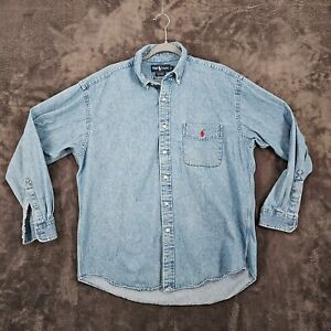 Ralph Lauren Button Down Big Shirt Mens M (XL) Blue Denim Red Pocket Long Sleeve